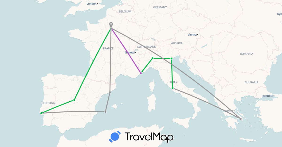 TravelMap itinerary: driving, bus, plane, train in Spain, France, Greece, Italy, Portugal (Europe)